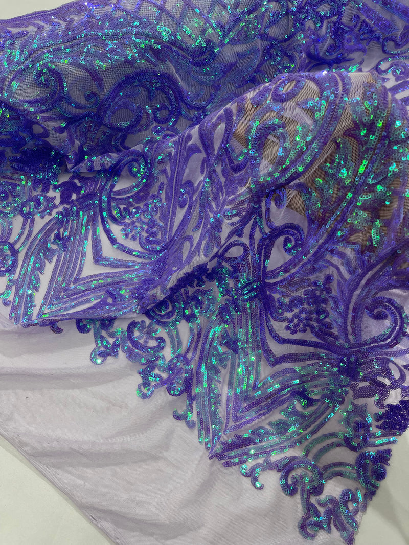 Lavender Iridescent Sequins - Lavender Damask Sequin Design on 4 Way Stretch Fabric By Yard