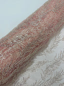Clear Beaded Fabric Pink Mesh by the yard, Bridal beaded Damask With Beads and Sequin