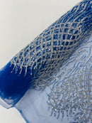 Beaded Embroidered Fabric -Royal Blue - Embroidered Heart and Feather Pattern Fabric By Yard