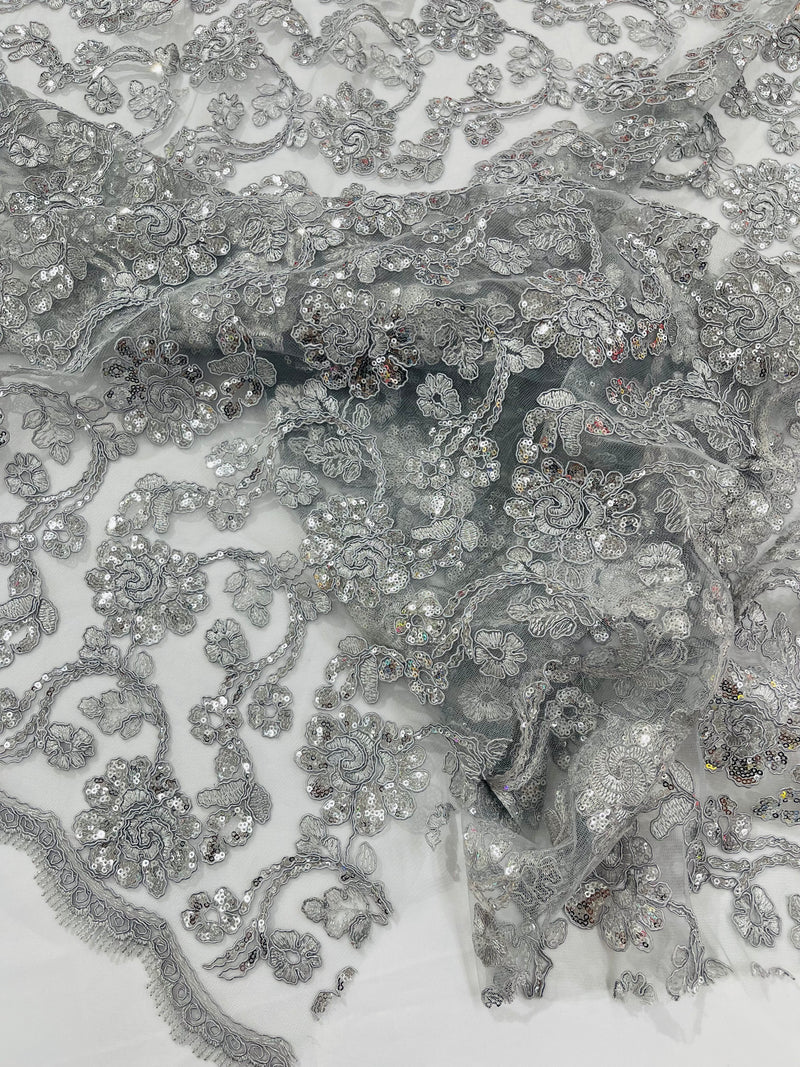 Corded Lace Flower Fabric - Silver - Floral Design Embroidered Sequins on Mesh Lace Fabric