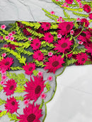 Fuchsia Sunflower Lace 3D Fabric - Black Mesh Sunflower Lace Design Sold By Yard