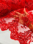 Red Beaded Fabric - Floral Beads and Sequins Embroidered on a Mesh Sold By Yard