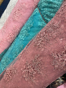 Dusty Rose Flower Cluster Fabric - Embroidered Floral Design With Sequins on Mesh Lace Fabric