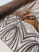 Brown Embroidery Beaded Fabric By The Yard