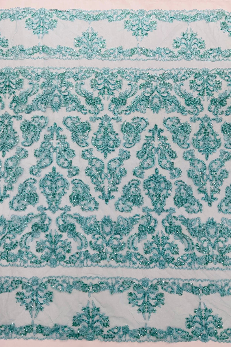 My Lady Beaded Fabric - Aqua - Damask Beaded Sequins Embroidered Fabric By Yard