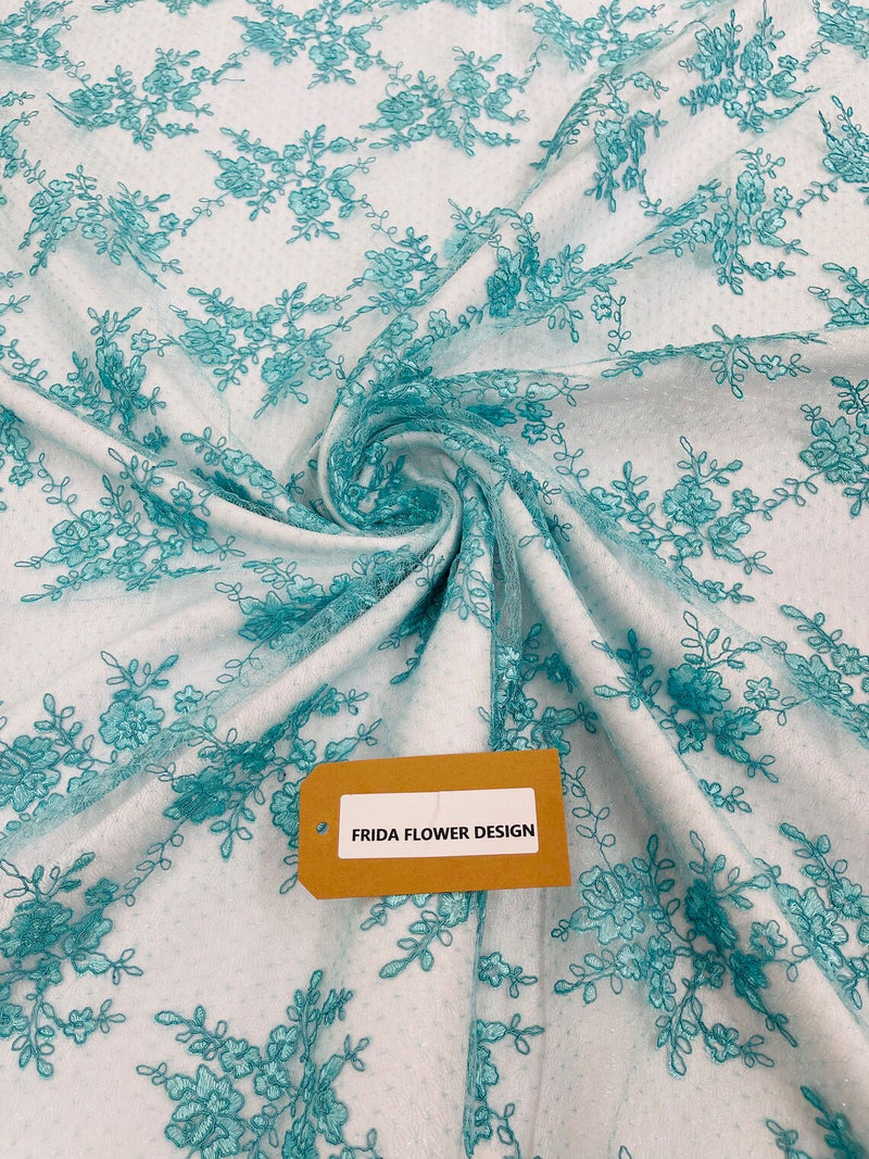 Floral Cluster Corded Fabric - Aqua - Fancy Flower Embroidery Lace Mesh Fabric By Yard