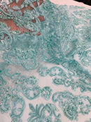 My Lady Beaded Fabric - Aqua - Damask Beaded Sequins Embroidered Fabric By Yard