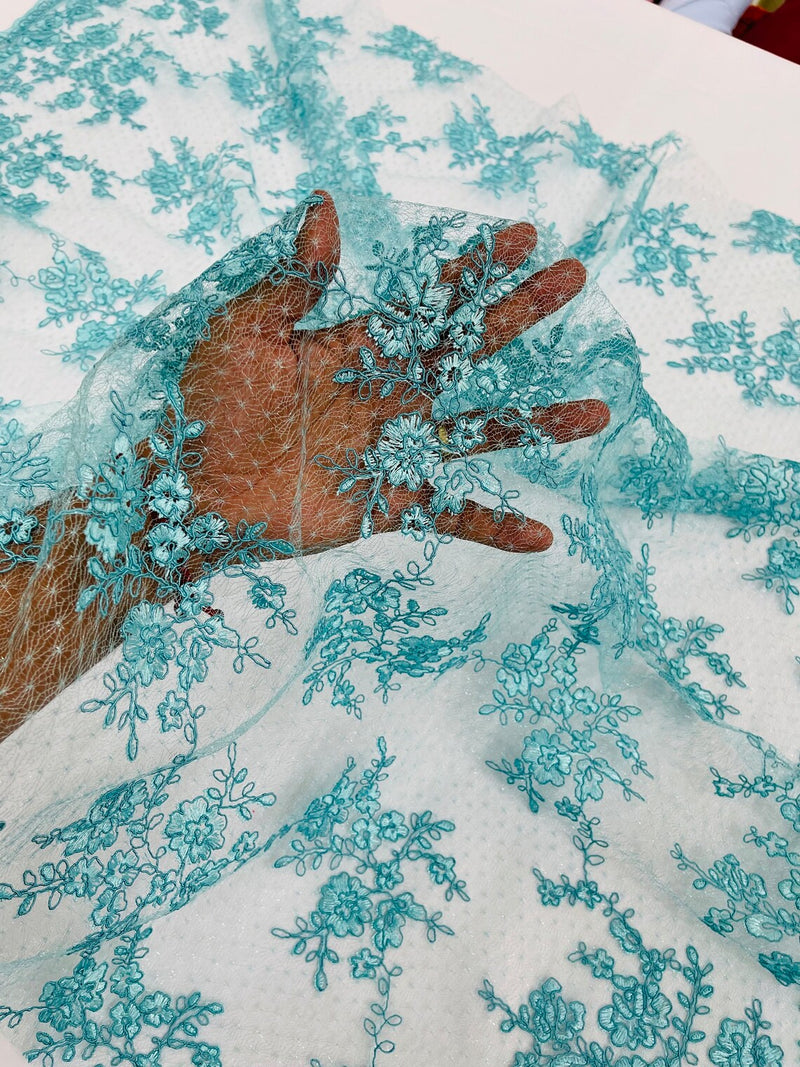 Floral Cluster Corded Fabric - Aqua - Fancy Flower Embroidery Lace Mesh Fabric By Yard