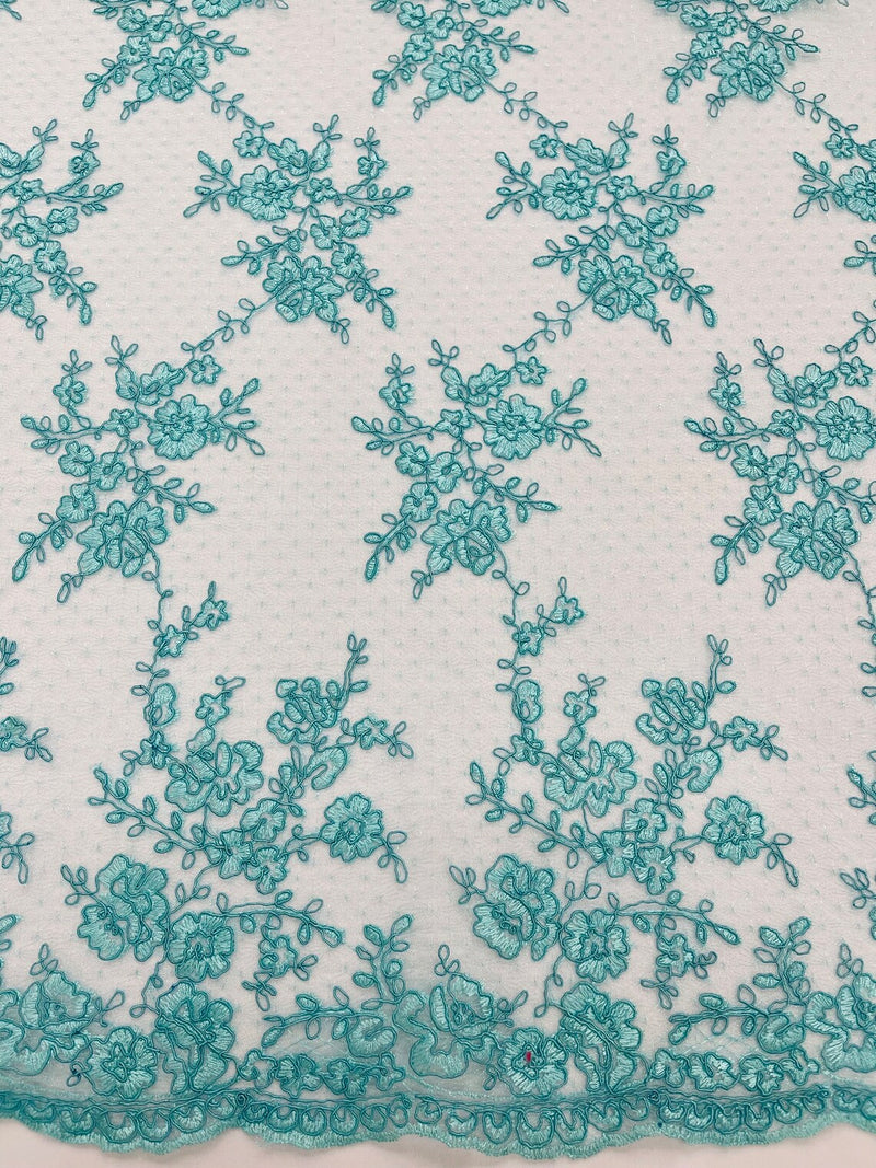 Floral Cluster Corded Fabric - Aqua - Fancy Flower Embroidery Lace Mesh Fabric By Yard