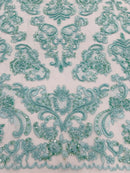 My Lady Beaded Fabric - Aqua - Damask Beaded Sequins Embroidered Fabric By Yard