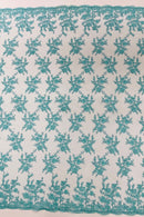 Floral Cluster Corded Fabric - Aqua - Fancy Flower Embroidery Lace Mesh Fabric By Yard