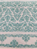 My Lady Beaded Fabric - Aqua - Damask Beaded Sequins Embroidered Fabric By Yard