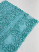 My Lady Beaded Fabric - Aqua - Damask Beaded Sequins Embroidered Fabric By Yard