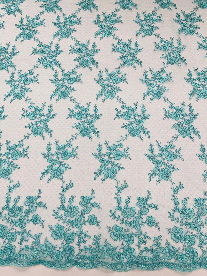 Floral Cluster Corded Fabric - Aqua - Fancy Flower Embroidery Lace Mesh Fabric By Yard