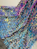 Sword Shaped Sequins - Aqua Blue on Black - Hanging Iridescent Sequins On Mesh Fabric By Yard