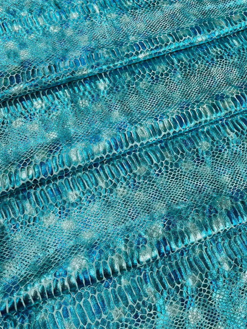 Anaconda Foil Velvet - Aqua Blue - Shiny Foil Velvet Anaconda Snake Print Fabric Sold By The Yard