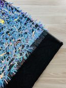Sword Shaped Sequins - Aqua Blue on Black - Hanging Iridescent Sequins On Mesh Fabric By Yard