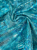 Anaconda Foil Velvet - Aqua Blue - Shiny Foil Velvet Anaconda Snake Print Fabric Sold By The Yard