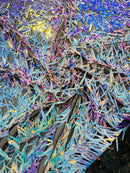 Sword Shaped Sequins - Aqua Blue on Black - Hanging Iridescent Sequins On Mesh Fabric By Yard