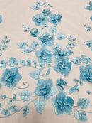 3D Orquidia Floral Lace - Aqua Blue - Beautiful Orchid Flower Fabric on Mesh by Yard