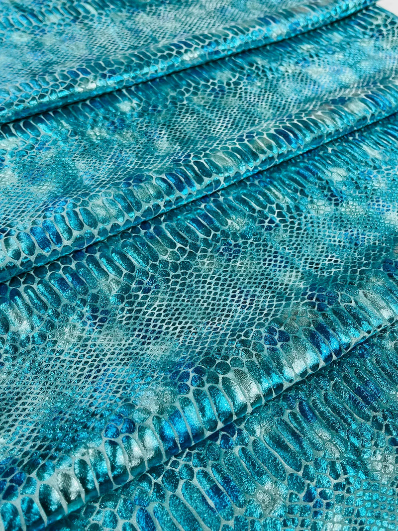 Anaconda Foil Velvet - Aqua Blue - Shiny Foil Velvet Anaconda Snake Print Fabric Sold By The Yard