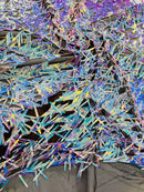 Sword Shaped Sequins - Aqua Blue on Black - Hanging Iridescent Sequins On Mesh Fabric By Yard