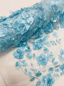 3D Orquidia Floral Lace - Aqua Blue - Beautiful Orchid Flower Fabric on Mesh by Yard