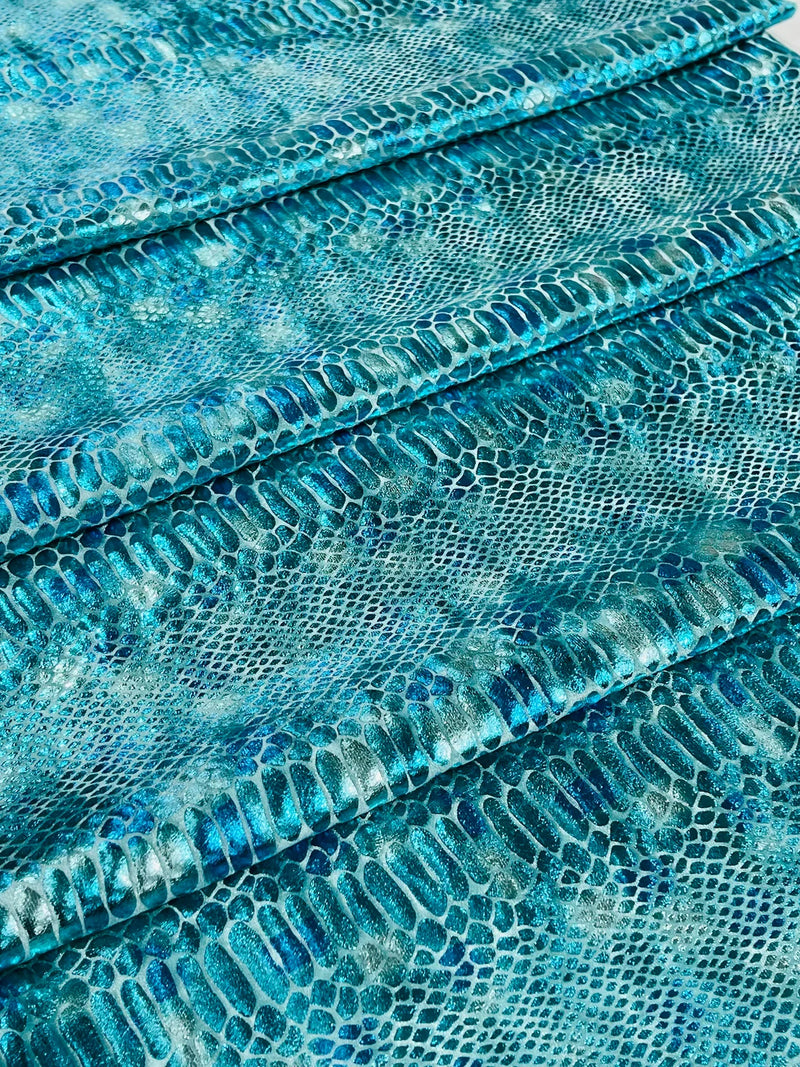 Anaconda Foil Velvet - Aqua Blue - Shiny Foil Velvet Anaconda Snake Print Fabric Sold By The Yard