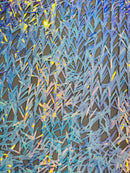 Sword Shaped Sequins - Aqua Blue on Black - Hanging Iridescent Sequins On Mesh Fabric By Yard