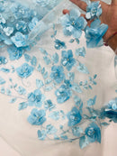 3D Orquidia Floral Lace - Aqua Blue - Beautiful Orchid Flower Fabric on Mesh by Yard