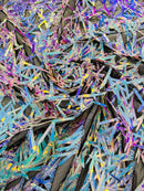 Sword Shaped Sequins - Aqua Blue on Black - Hanging Iridescent Sequins On Mesh Fabric By Yard