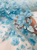 3D Orquidia Floral Lace - Aqua Blue - Beautiful Orchid Flower Fabric on Mesh by Yard