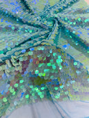 Circle Paillette Sequins - Iridescent Aqua Blue - Large Round Paillette Sequins Design Fabric By Yard