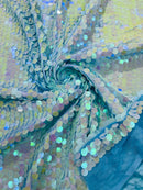 Circle Paillette Sequins - Iridescent Aqua Blue - Large Round Paillette Sequins Design Fabric By Yard