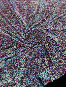 58/60" Velvet Sequins Stretch Fabric - Aqua Blue Iridescent on Black - Velvet Sequins 2 Way Stretch Sold By Yard