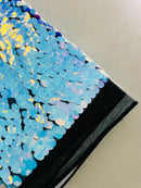 Oval Jumbo Paillette Sequins - Aqua on Black - Big Oval Paillette Sequins Design Fabric By Yard