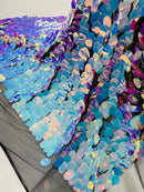 Oval Jumbo Paillette Sequins - Aqua on Black - Big Oval Paillette Sequins Design Fabric By Yard