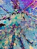 Oval Jumbo Paillette Sequins - Aqua on Black - Big Oval Paillette Sequins Design Fabric By Yard