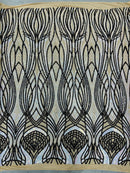 Long Wavy Line Design Sequins - Iridescent Aqua / Black - 4 Way Stretch Sequin Design Mesh Fabric By Yard
