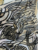 Long Wavy Line Design Sequins - Iridescent Aqua / Black - 4 Way Stretch Sequin Design Mesh Fabric By Yard