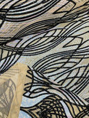 Long Wavy Line Design Sequins - Iridescent Aqua / Black - 4 Way Stretch Sequin Design Mesh Fabric By Yard