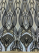 Long Wavy Line Design Sequins - Iridescent Aqua / Black - 4 Way Stretch Sequin Design Mesh Fabric By Yard