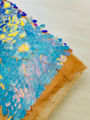 Oval Jumbo Paillette Sequins - Aqua Iridescent - Big Oval Paillette Sequins Design Fabric By Yard