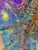 Circle Paillette Sequins - Iridescent Aqua on Nude - Large Round Paillette Sequins Design Fabric By Yard