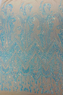 Zig Zag Tear Drop Sequins - Aqua Iridescent - Embroidered Zig Zag Sequins 4 Way Stretch By Yard