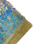 Sword Shaped Sequins - Aqua Iridescent - Hanging Iridescent Sequins On Mesh Fabric By Yard