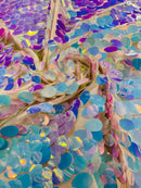 Oval Jumbo Paillette Sequins - Aqua Iridescent - Big Oval Paillette Sequins Design Fabric By Yard