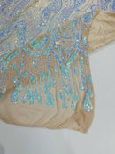 Zig Zag Tear Drop Sequins - Aqua Iridescent - Embroidered Zig Zag Sequins 4 Way Stretch By Yard