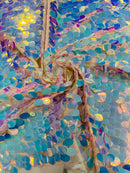 Oval Jumbo Paillette Sequins - Aqua Iridescent - Big Oval Paillette Sequins Design Fabric By Yard