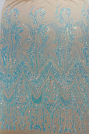 Zig Zag Tear Drop Sequins - Aqua Iridescent - Embroidered Zig Zag Sequins 4 Way Stretch By Yard